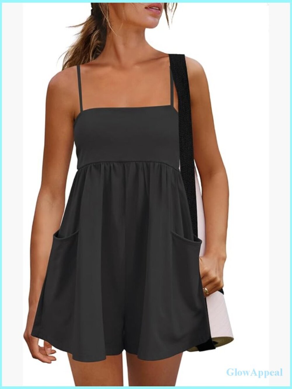 Women's Square Neck Spaghetti Strap Romper with Pockets